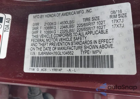 2016 Honda Cr-V Ex-L z USA, uszkodzony, nr VIN 5J6RM4H76GL104662